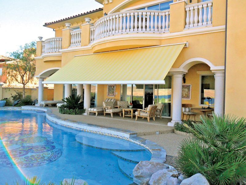 Patio awning by a pool